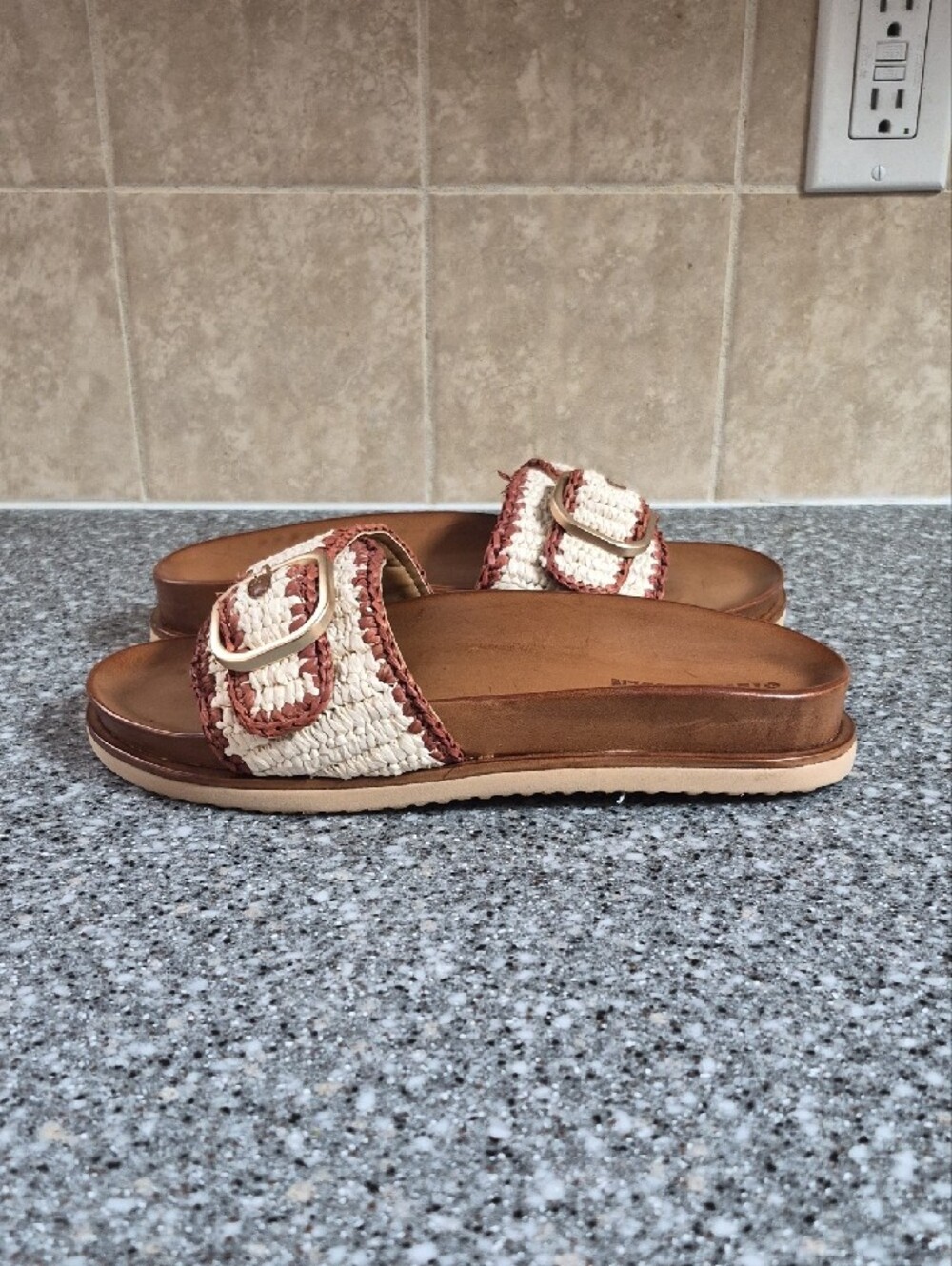 Steve Madden Woven Buckle Slide Sandals in Cream and Tan - Picture 4 of 6